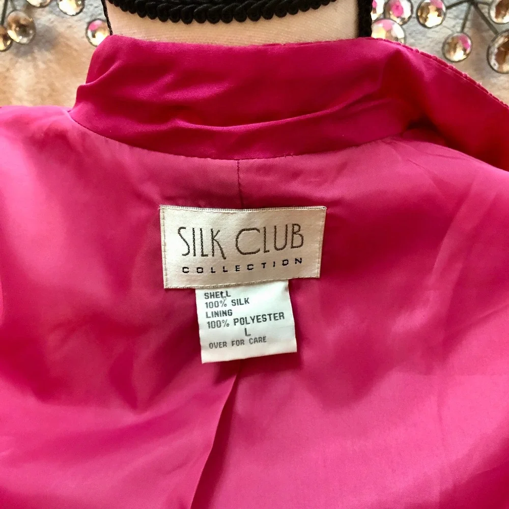 Silk Club Pink Silk Jacket Women's‎ Size Large Ribbed Striped Zipper Vintage
